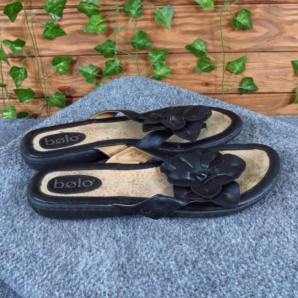 Bolo Women Thong Sandals Size 10 Casual Comfort Flower Embellished Black Slides - Picture 3 of 6